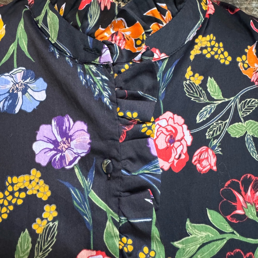 Who What Wear Black Floral Shirt Dress Cap Sleeve Button Front Belt Med NWT - Picture 6 of 9